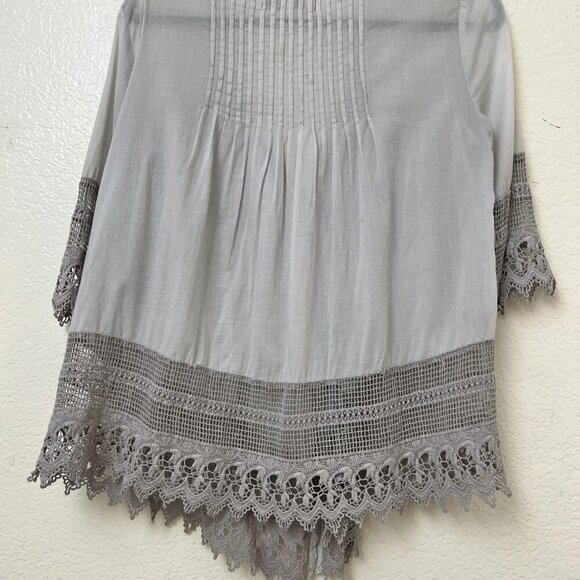 Gray Pintuck Crochet Lace Top Coastal Grandma Oversize Boho Whimsigoth Sz Small - Picture 5 of 12